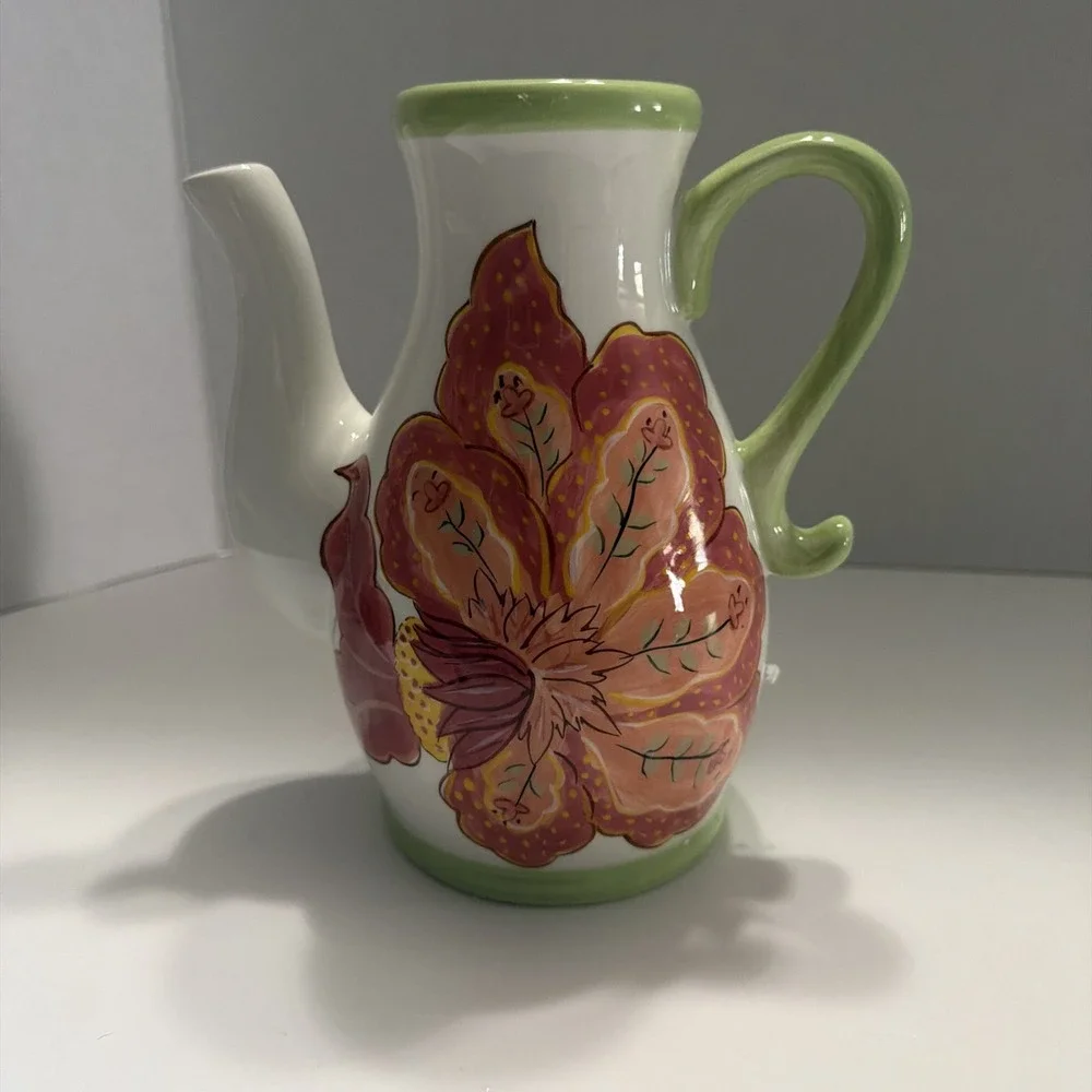 Jay Companies Gypsy Floral Ceramic Teapot White Green Coral Hand Painted